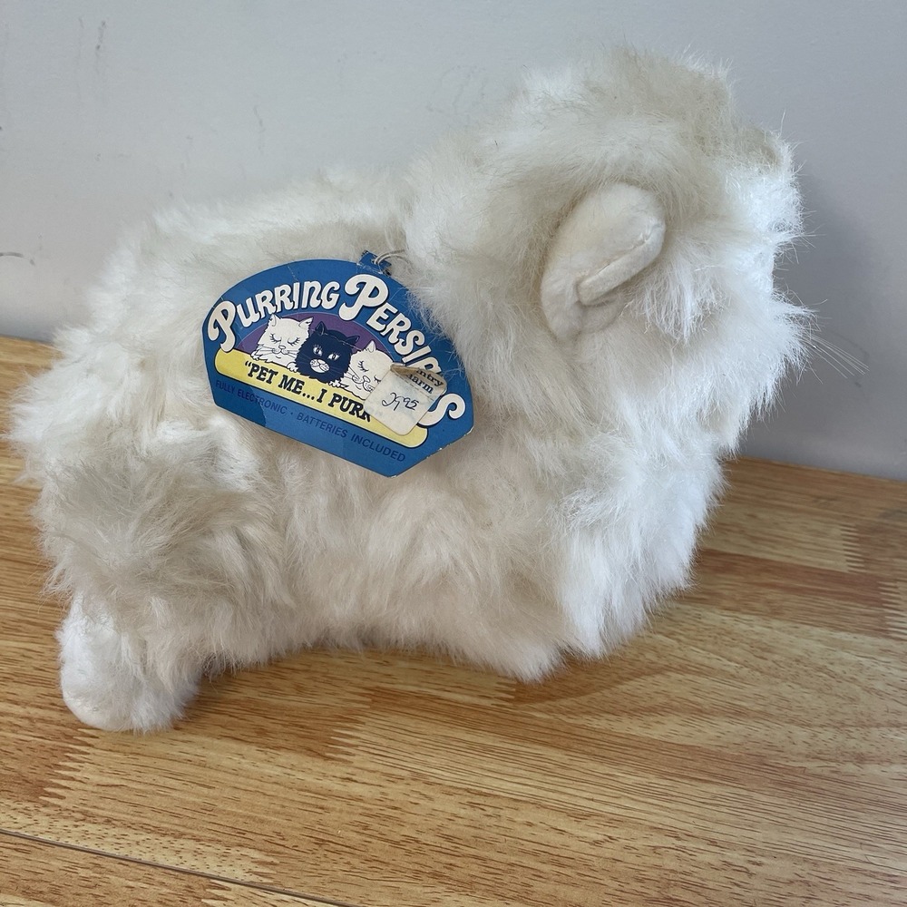 Vintage 1986 PrrrL Ventures Inc Purring White Persian Plush Cat Blue Eyes